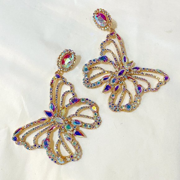 Aurora Borealis Rhinestone Large Butterfly Earring - Picture 6 of 11